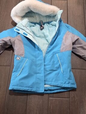 ZeroXposur Aqua Blue and Gray Kids Puffer Jacket with Faux Fur Hood